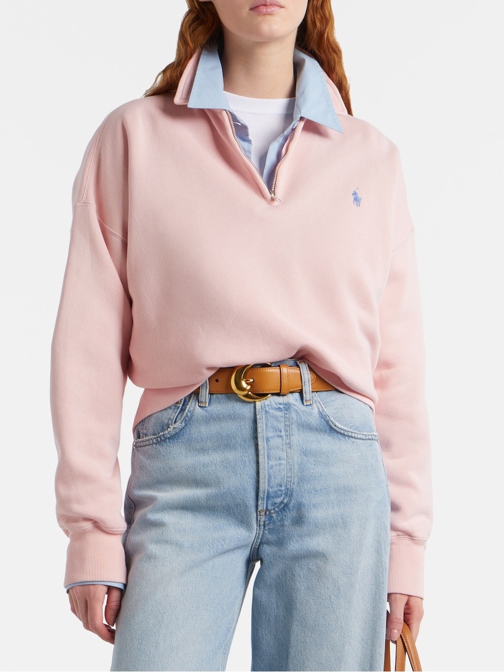 Polo Ralph Lauren Cotton-Blend Fleece Quarter-Zip Sweatshirt, Pink Sand & Blue